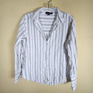 Ellen Tracy Linen Blue Stripe Shirt academia teacher office‎ professional Sm
